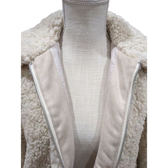 ZARA Oversized Faux Sherpa Bomber Jacket Size S in Cream with Suede Trim - Picture 8 of 12